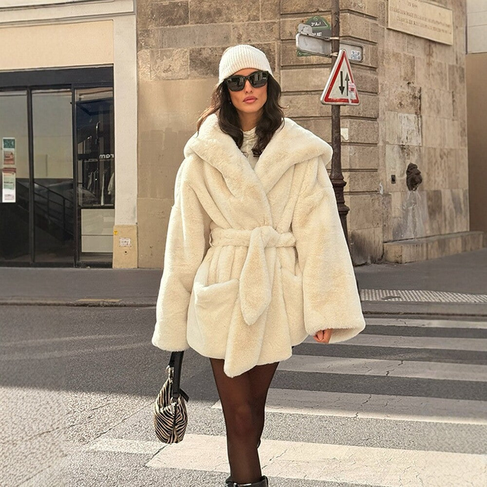 Women's Boxy Teddy Jacket with Wrap Belt and Oversized Shawl Collar Chichicherry