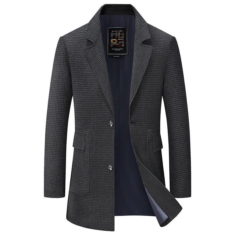 Men's Single-Breasted Short Coat made of Wool Blend with Houndstooth Pattern and Lapel Collar Chichicherry
