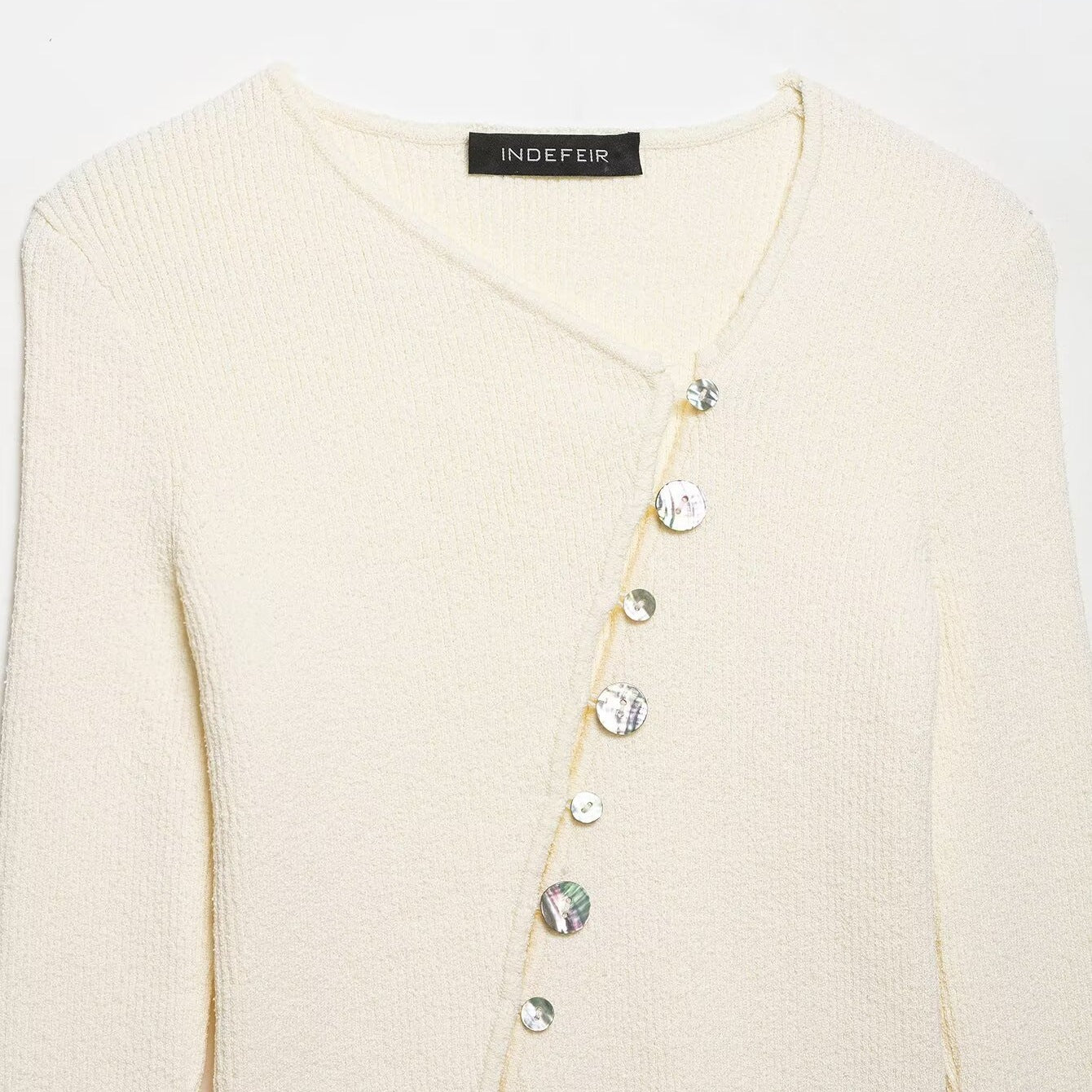 Women Asymmetrical Boucle Cardigan with V-Neck and Decorative Button Placket Chichicherry