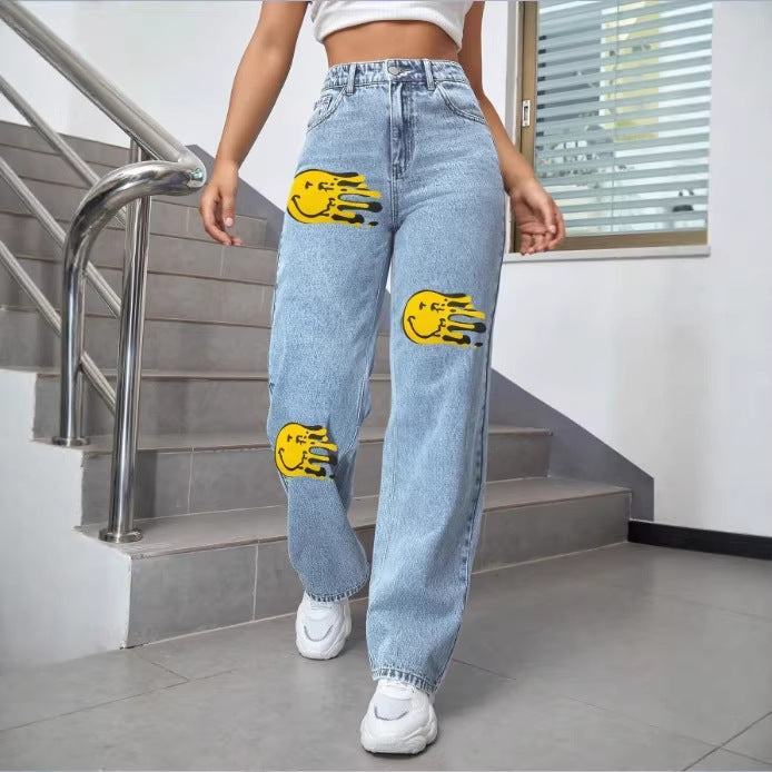 Ladies high-waisted wide denim jeans with striking print spot accents Chichicherry