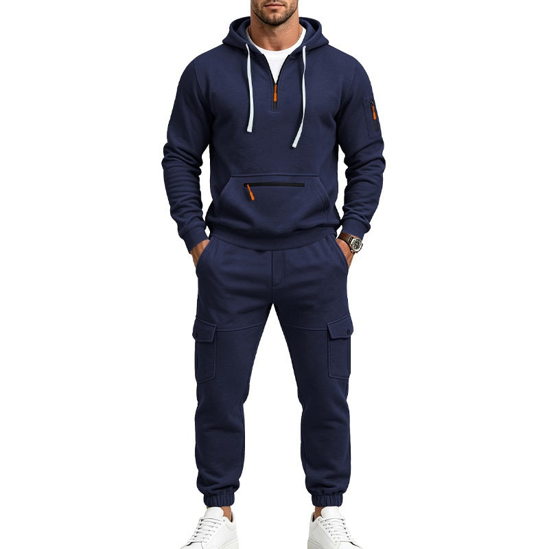 Men's Cargo Jogging Set with Hood, Half Zipper and Multi Pockets Chichicherry