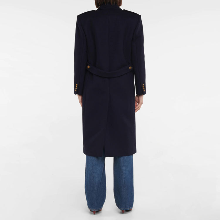 Women Double-breasted Wool Blend Long Coat with Epaulettes and Structured Tailoring Silhouette Chichicherry