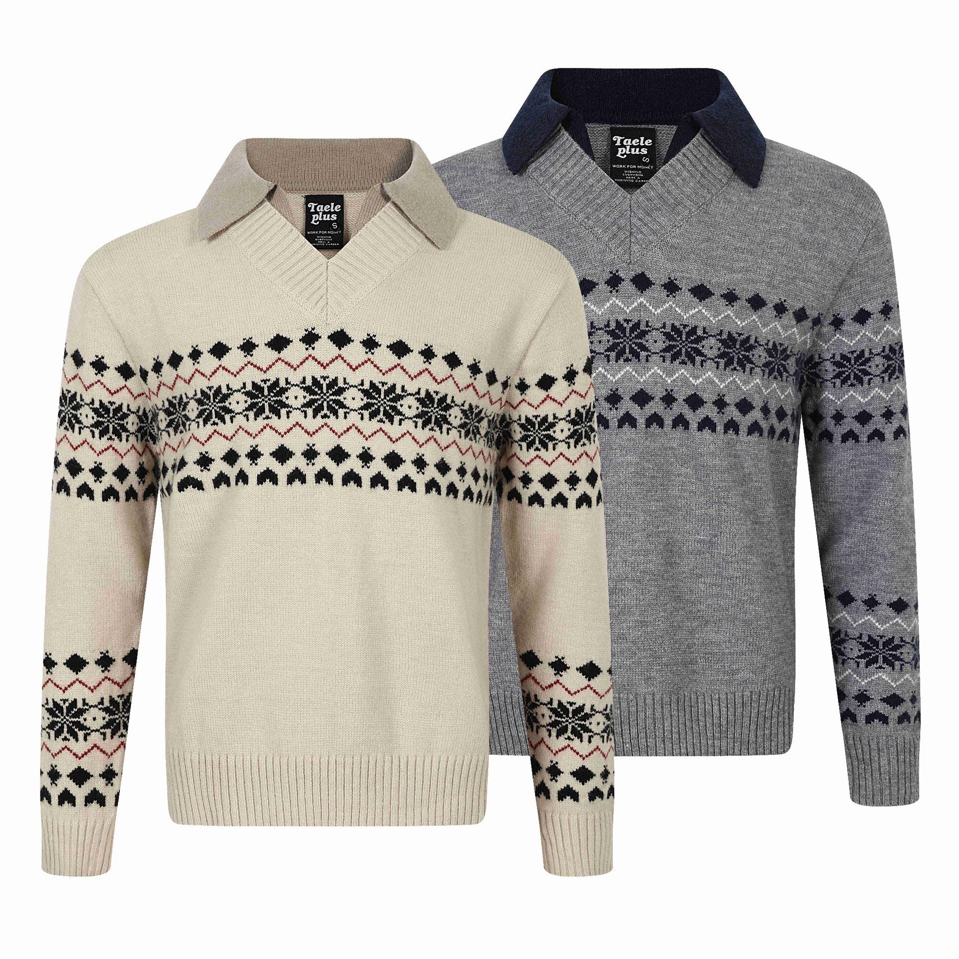 Men's Norwegian knit sweater with V-neck and contrasting shirt collar Chichicherry