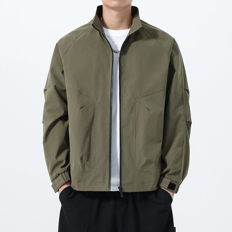 Men's Lightweight Utility Transitional Jacket with Stand Collar, Raglan Sleeves, and Adjustable Velcro Cuffs Chichicherry