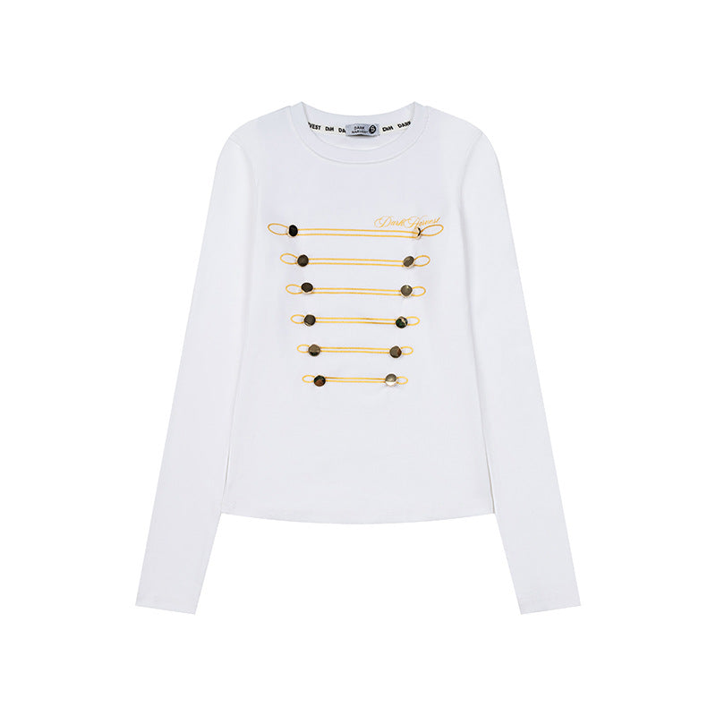 Women's Long Sleeve Shirt with Decorative Cord and Button Application Chichicherry