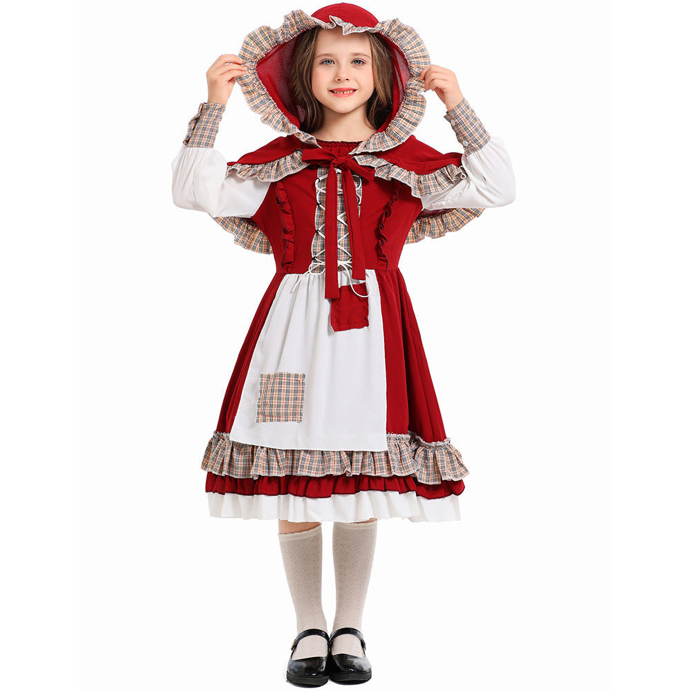 Girl Fairy Tale Little Red Riding Hood Costume with Hood and Ruffles Chichicherry