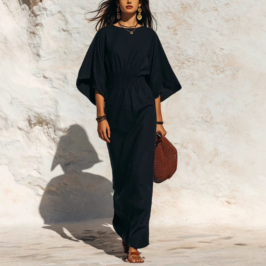 Women's maxi dress with batwing sleeves and gathered smock waist Chichicherry