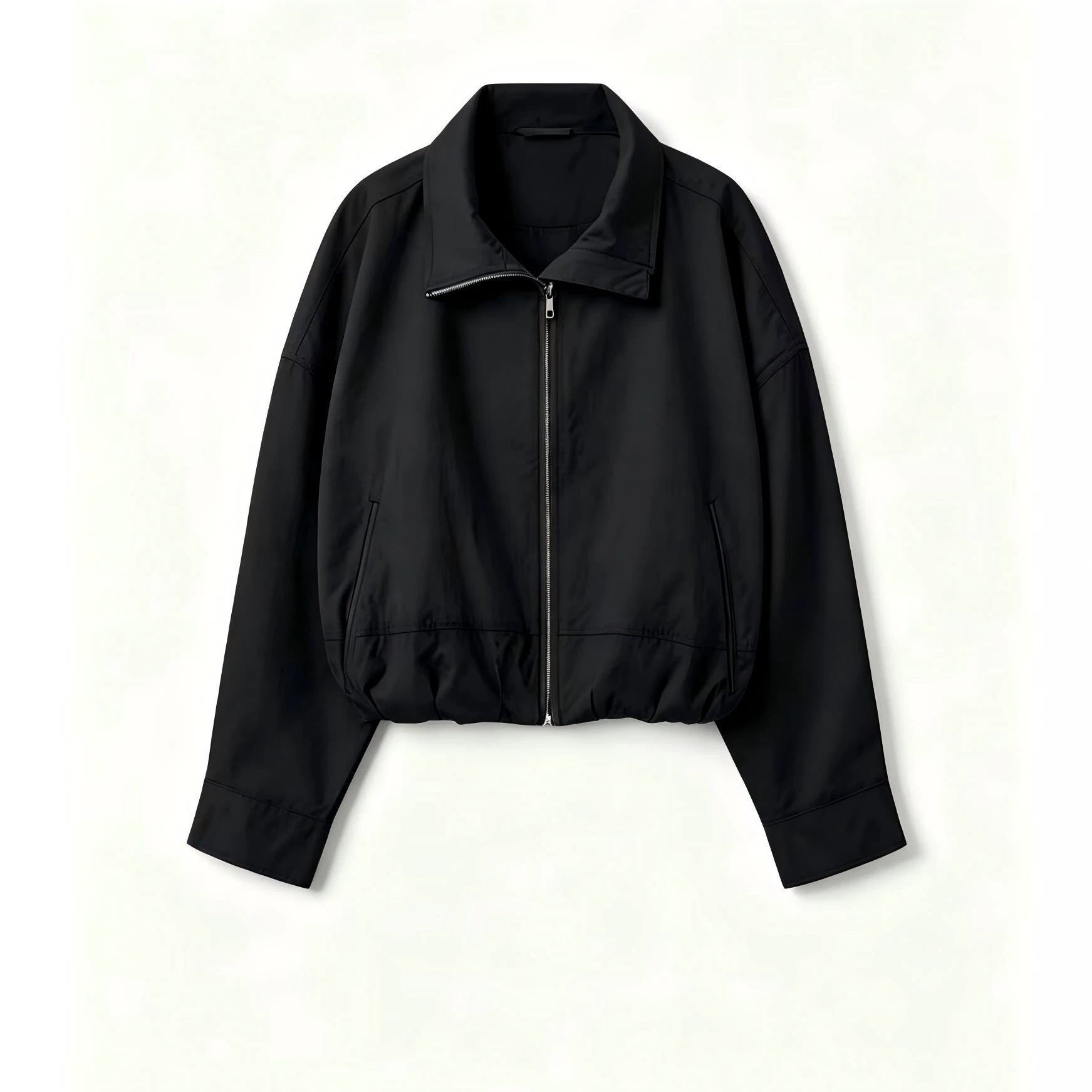 Women's Lightweight Short Bomber Jacket with Stand-up Collar, Drawstring Waist and Concealed Zipper Chichicherry