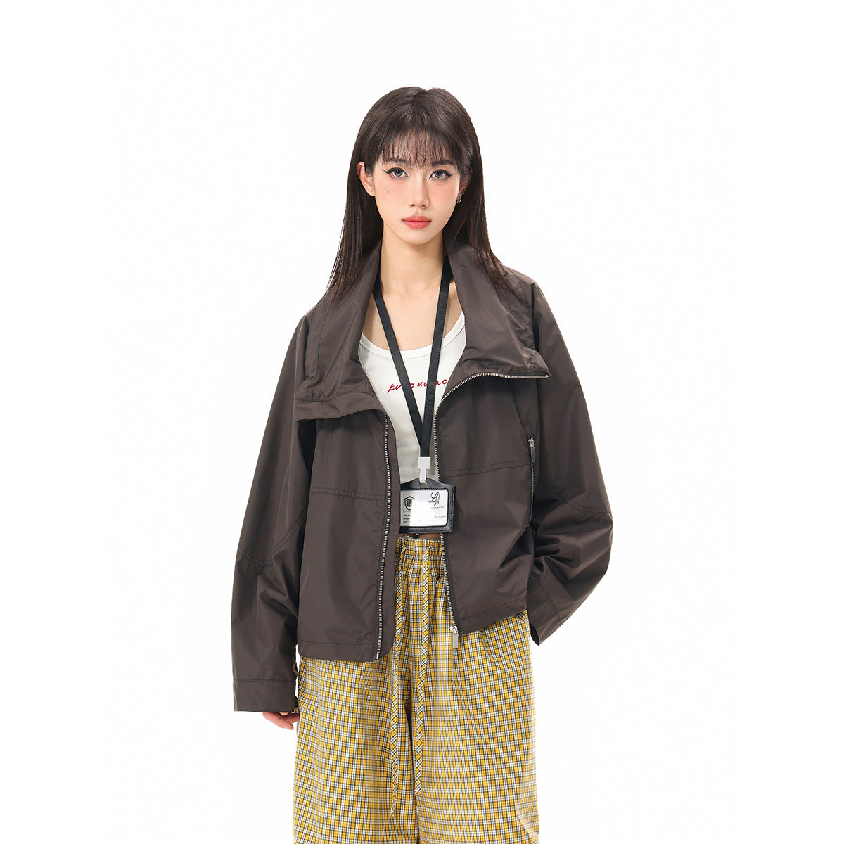Women Lightweight Cropped Transition Jacket with High Stand Collar and Zipper Pockets Chichicherry