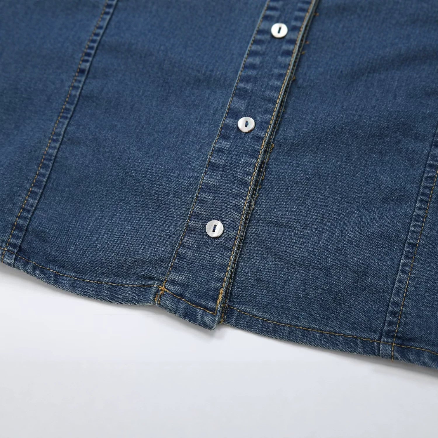 Women's Short Sleeve Denim Shirt Dress with Full Button Placket and Chest Flap Pockets Chichicherry