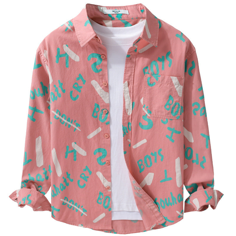 Men's Loose Cotton Overshirt with Graphic Allover Print and Kent Collar Chichicherry