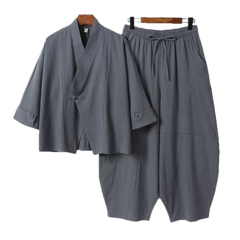 Men's Minimalist Kimono Lounge Set made of breathable cotton blend with balloon-shaped waistband pants Chichicherry