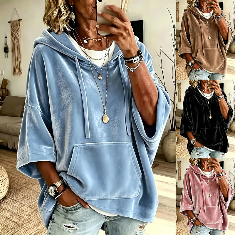 Women Oversize Velvet Hoodie with Three-Quarter Sleeves and Kangaroo Pocket Chichicherry