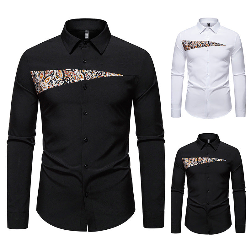 Men's Slim-Fit Business Shirt with Paisley Chest Insert and Kent Collar Chichicherry