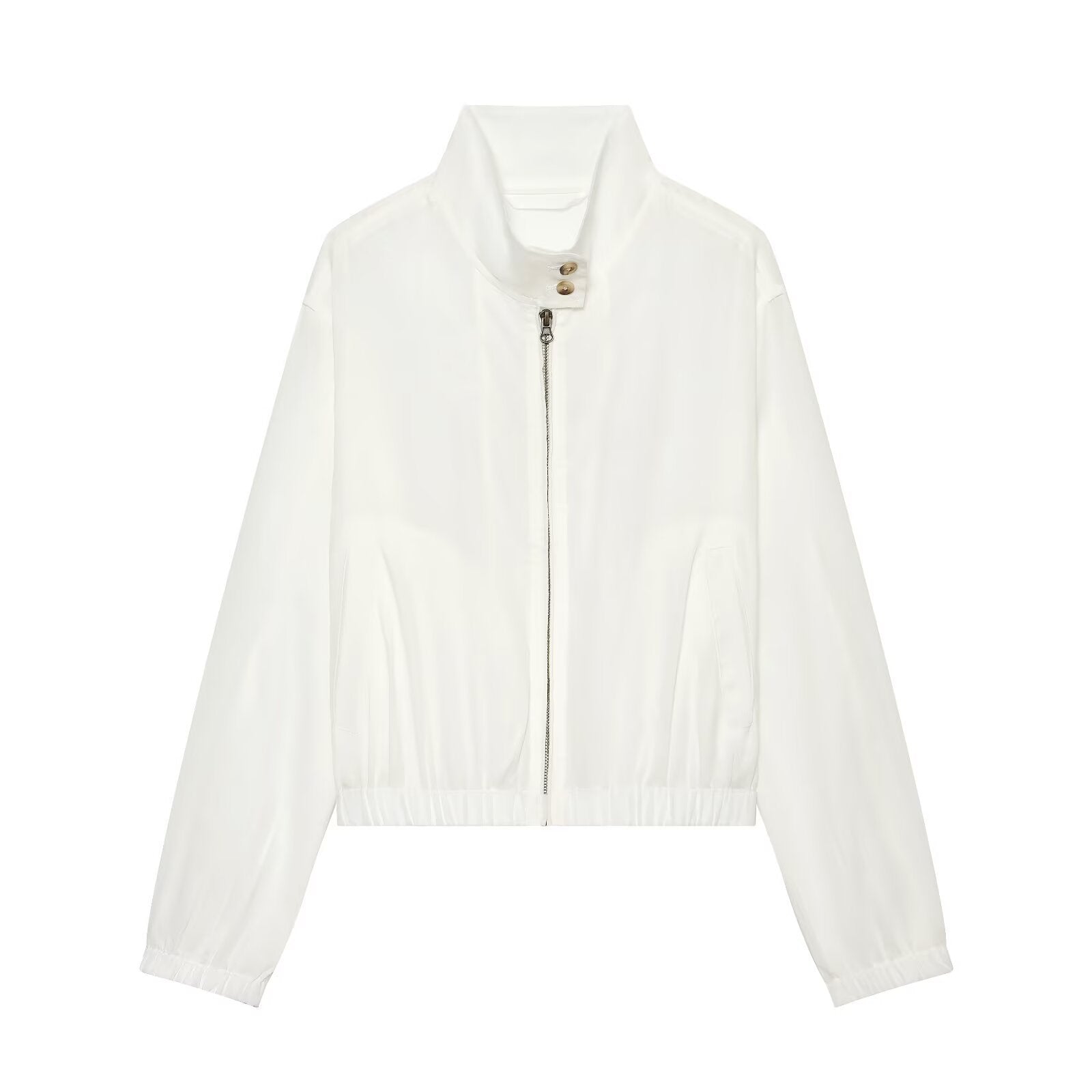 Women's Lightweight Windbreaker Bomber Jacket with Stand-Up Collar, Two-Way Zipper and Elastic Cuff