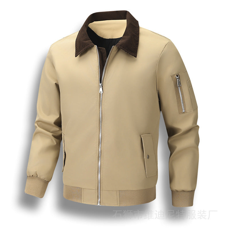 Men's Windproof Bomber Jacket with Cord Collar, Two-Way Zipper and Sleeve Utility Pocket Chichicherry