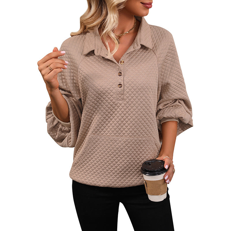 Women's Padded Quilted Sweater with Polo Collar and Kangaroo Pocket Chichicherry
