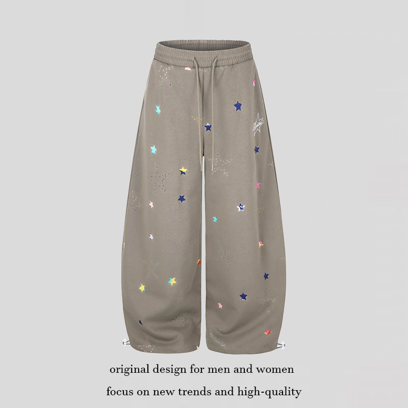 Women's extra wide palazzo capri sweatpants with star print, comfort waistband, and adjustable hem.