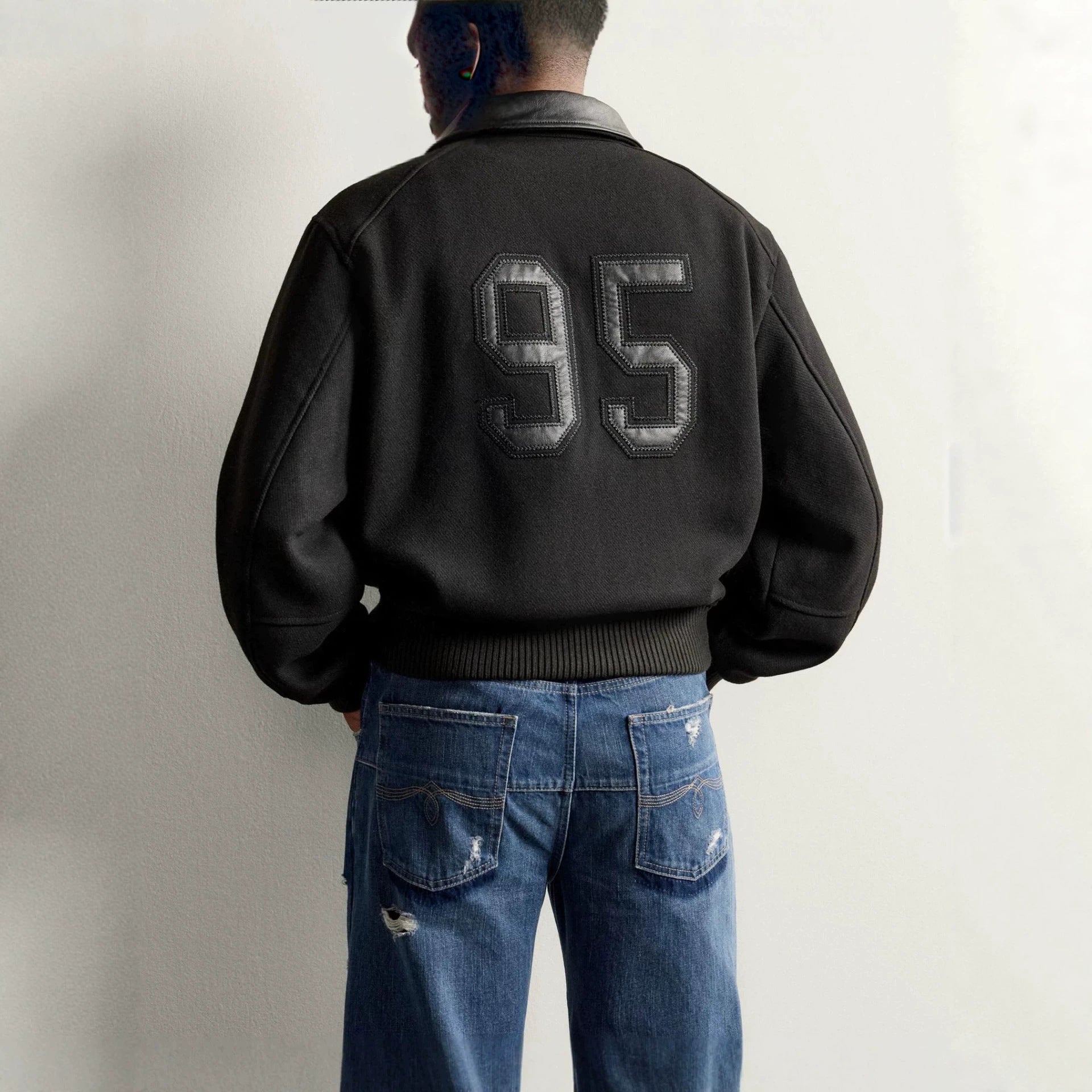 Men's short bomber jacket in vintage style with contrasting leather trim and ribbed cuffs Chichicherry