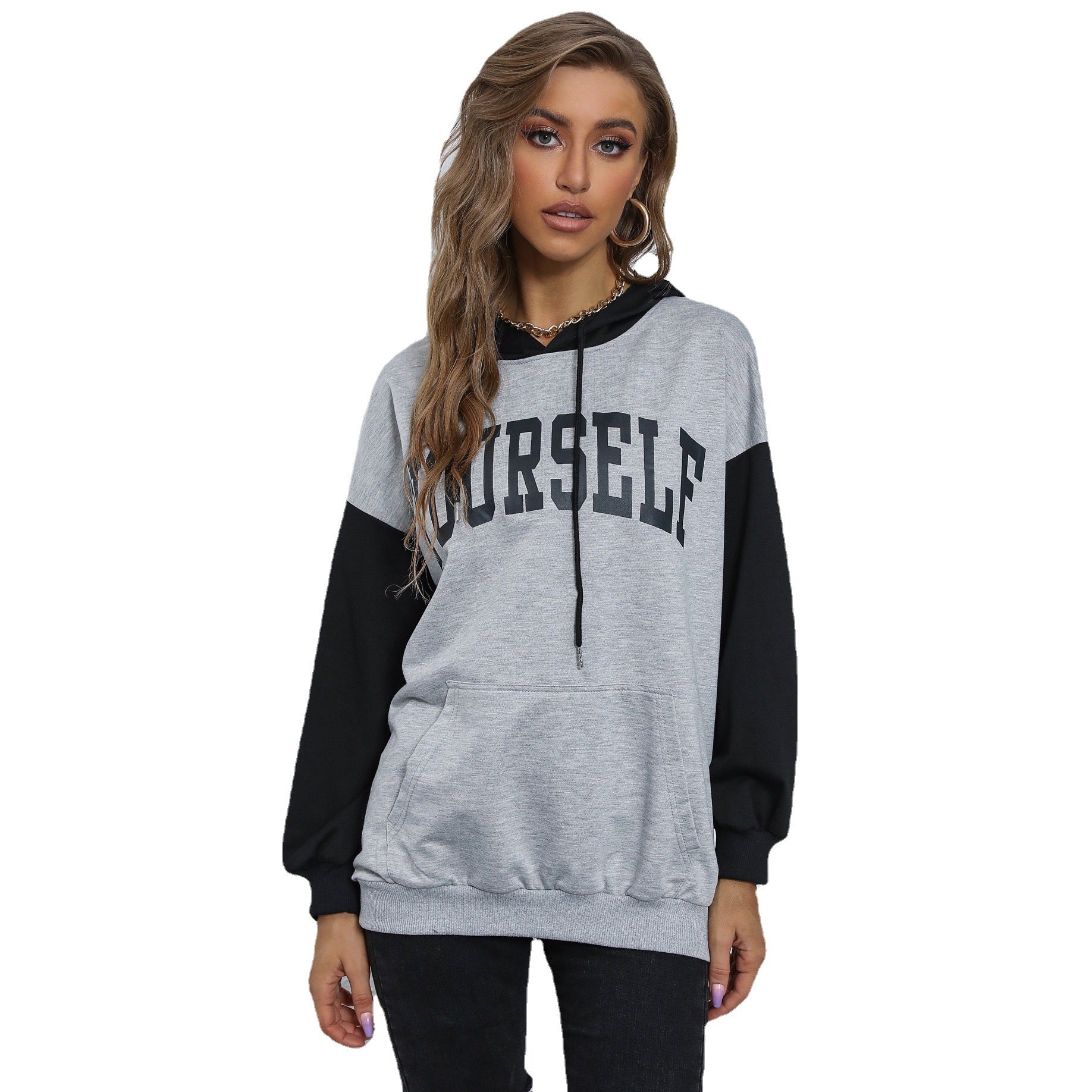 Women's Oversized Hoodie with College Print, Kangaroo Pocket and Contrast Sleeves Chichicherry