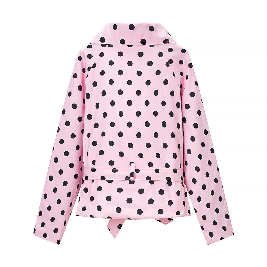 Women's Polka Dot Trench Coat Style with Tie Belt and Balloon Sleeves Chichicherry