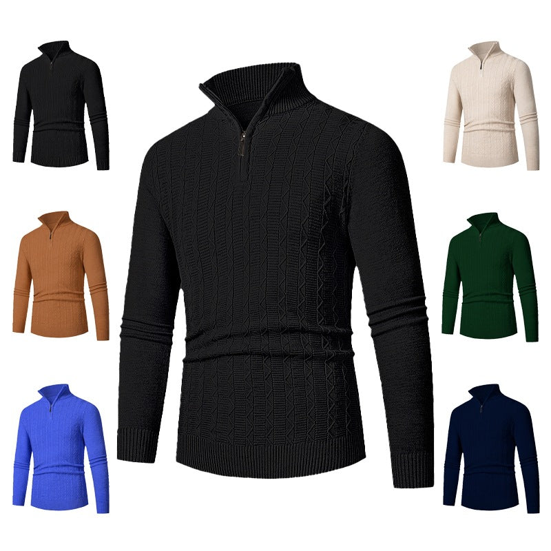 Men's Slim Fit Half-Zip Structured Pullover made of Merino Blend with Cable Knit Pattern and Stand-Up Collar Chichicherry