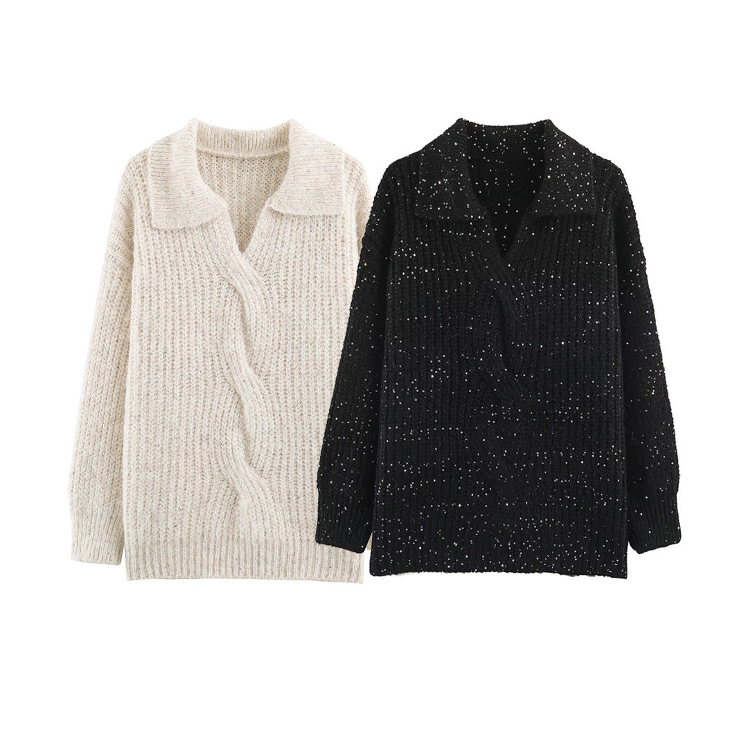 Women's Chunky Knit Sweater with Wide Lapel Collar and Sequin Trim Chichicherry