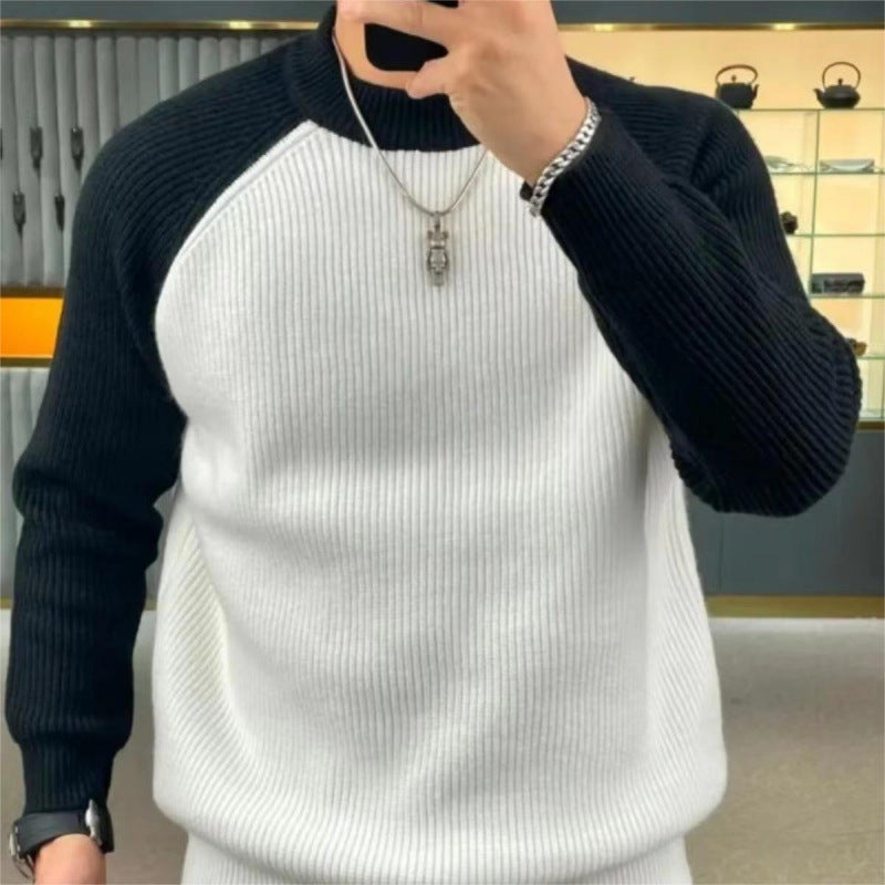 Herren Gerippter Raglan-Pullover mit Kontrastärmeln und kurzem Stehkragen Chichicherry