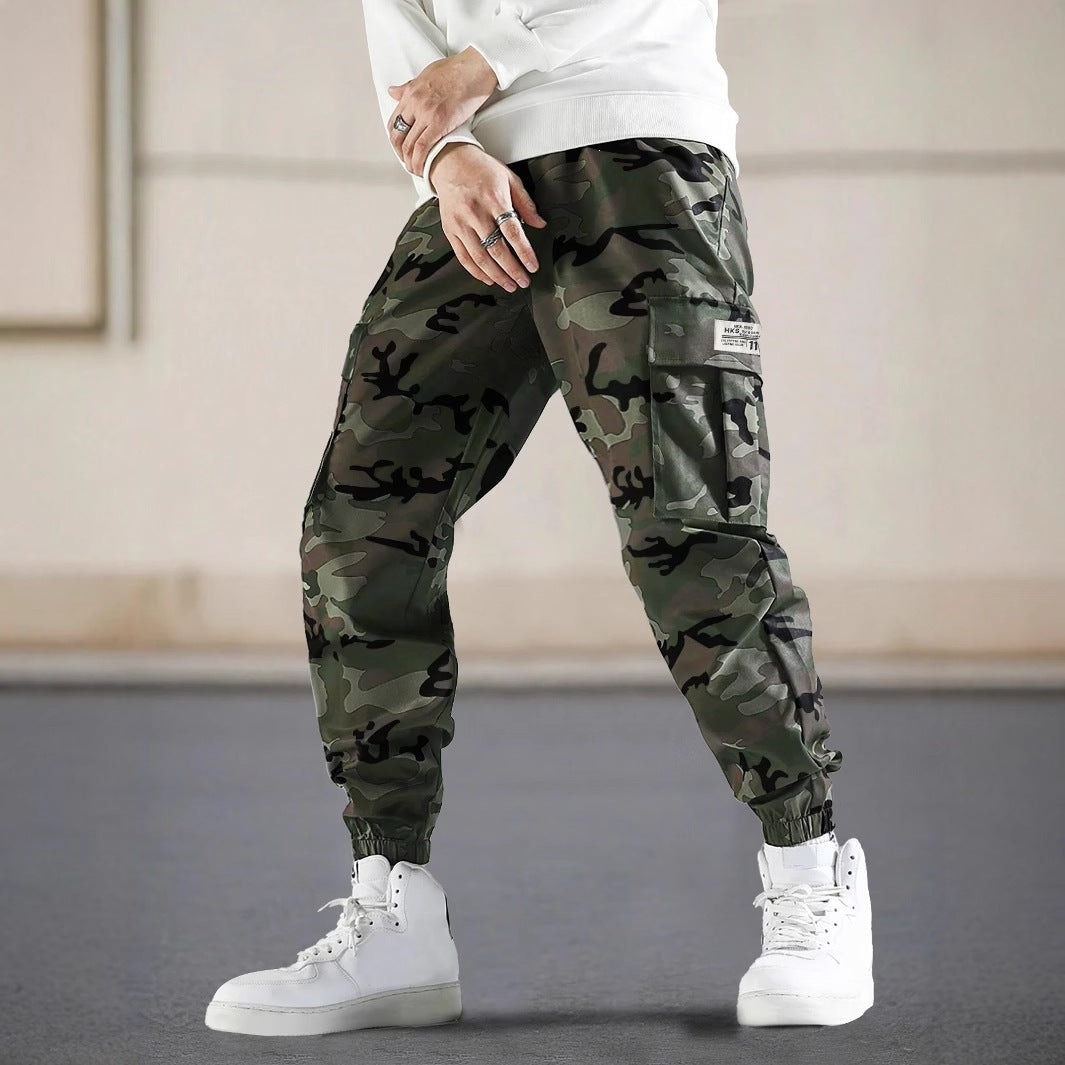 Men's cargo jogger pants with camo pattern, elastic waistband, and ankle cuffs Chichicherry
