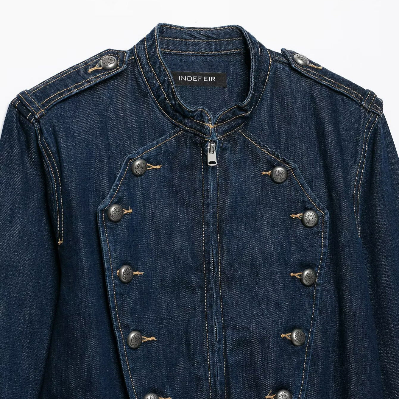 Women's Cropped Denim Field Jacket with Decorative Double Row and Stand-Up Collar Chichicherry