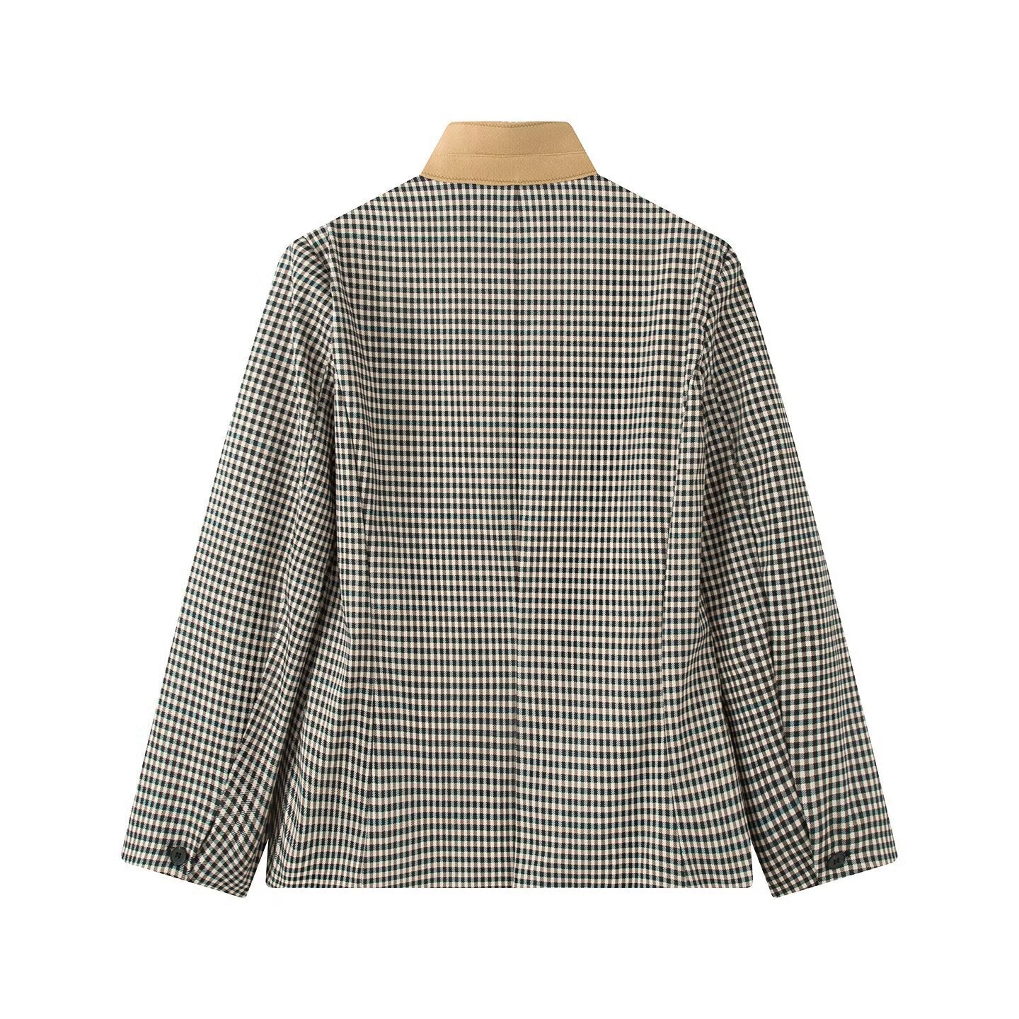 Women Checked Boxy Blazer Jacket with Contrast Stand Collar and Flap Pockets Chichicherry