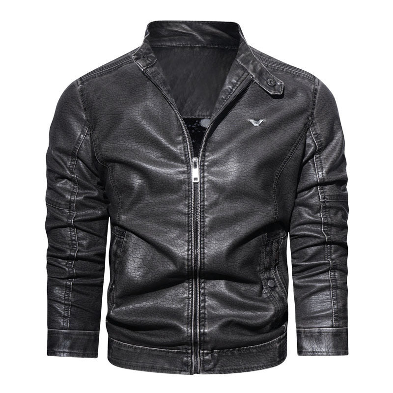 Men's washed synthetic leather pilot bomber jacket with textured surface and ergonomic sleeve seams Chichicherry