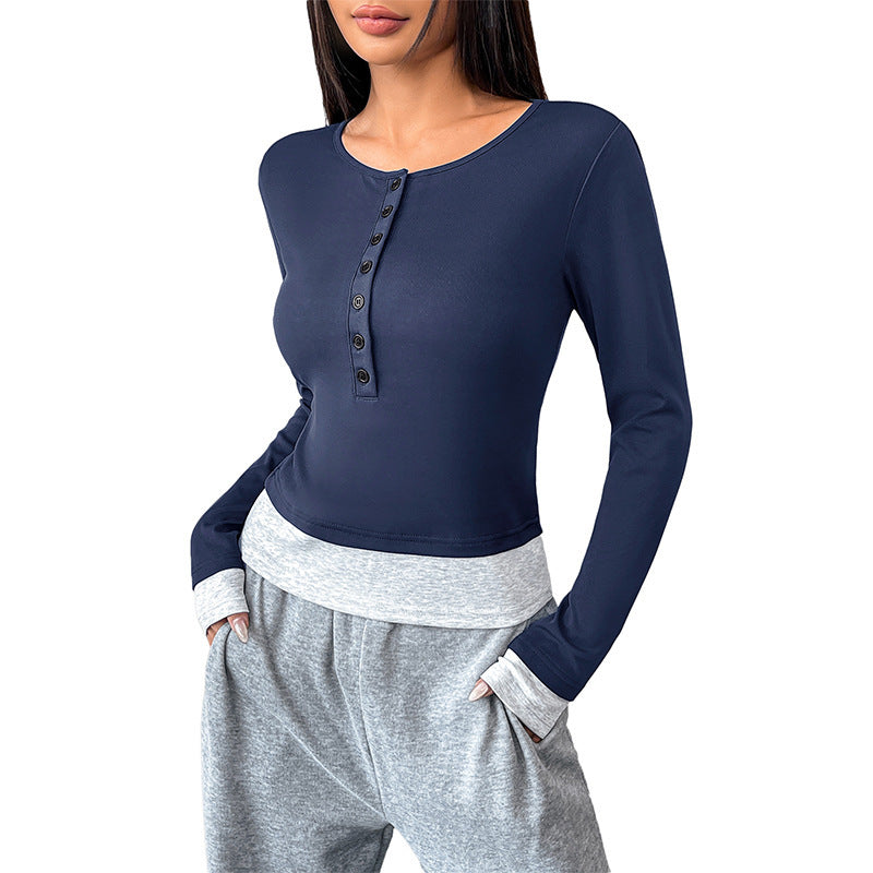 Women's Fitted Long Sleeve Crop Top with Henley Button Placket and Thumbhole Cuffs Chichicherry
