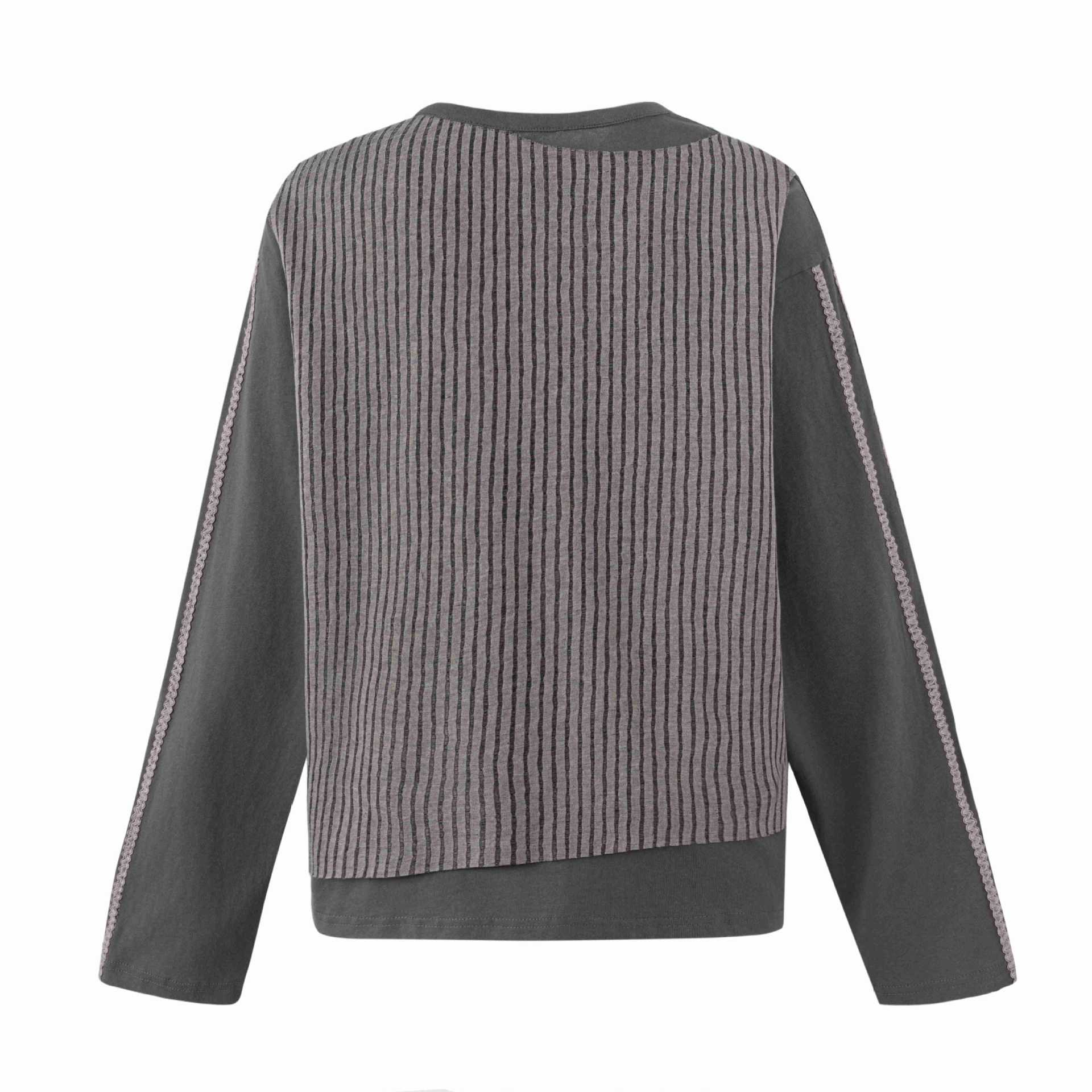 Women Casual Sweatshirt with Striped Overlay, Decorative Seams and Rose Print Chichicherry