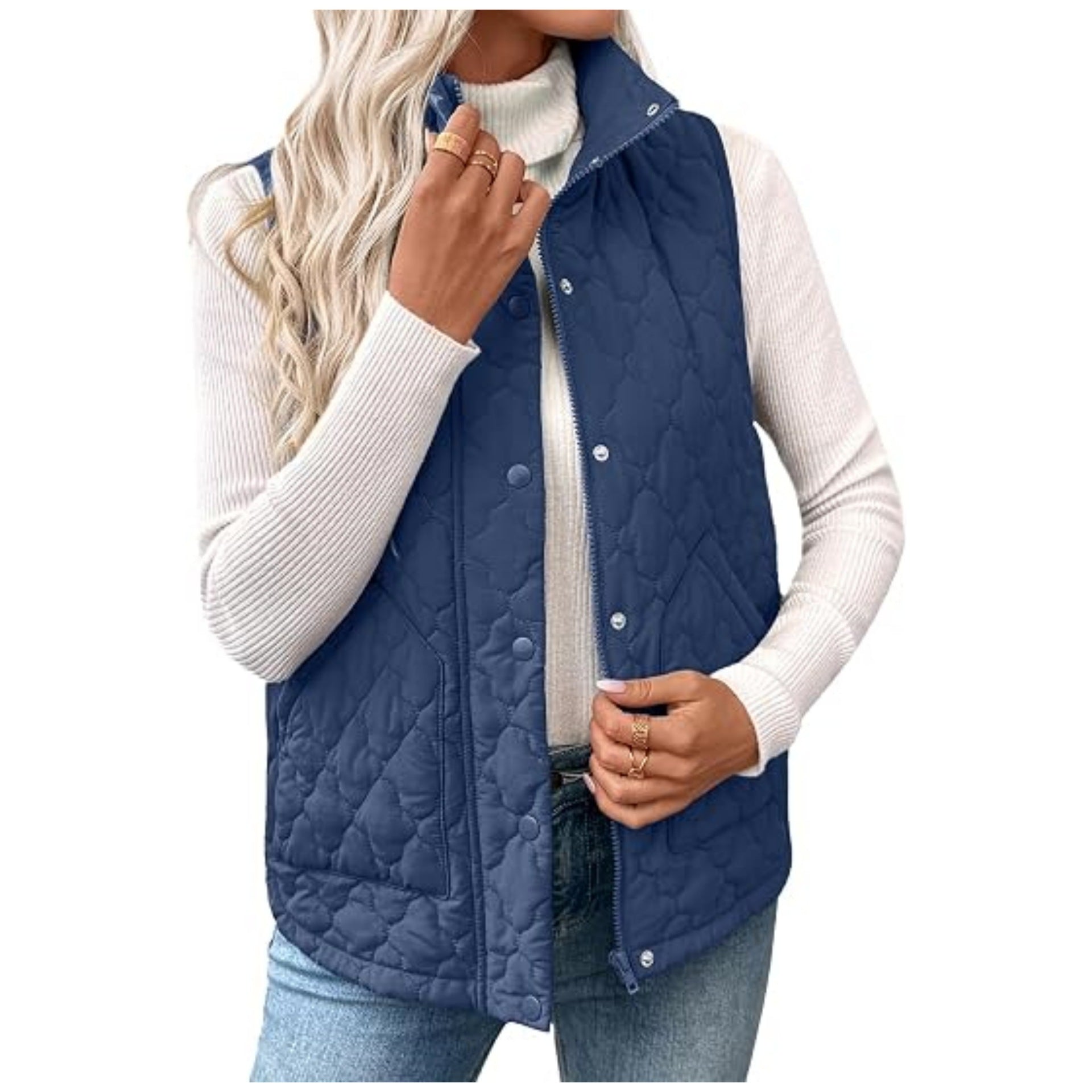 Women’s quilted vest with high standing collar, double closure and curved hem Chichicherry