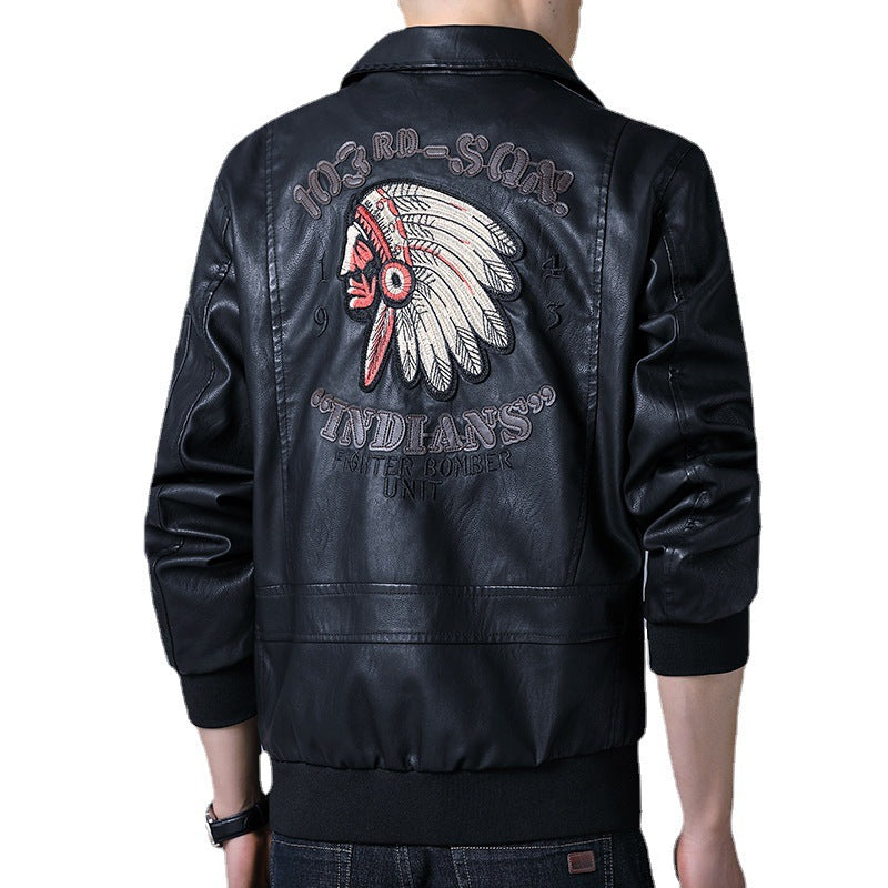 Men's pilot bomber jacket made of faux leather with embroidered patches and ribbed cuffs Chichicherry