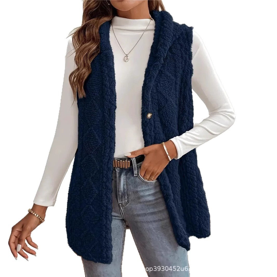 Women Fleece Lined Teddy Vest with Hood and Button Closure Chichicherry