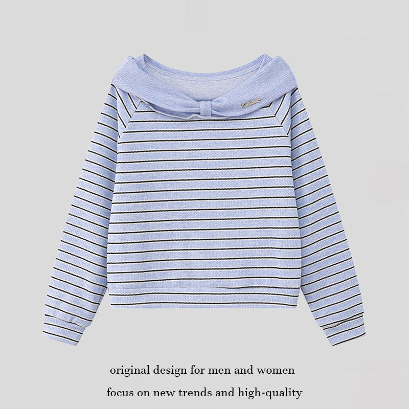 Women's Knitted Short Sweater with Off-Shoulder Cut, Bow Detail and Horizontal Striped Pattern Chichicherry