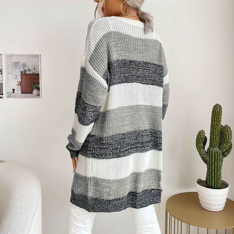Women's Longline Knit Cardigan with Wide Block Stripes, Open Front and Dropped Shoulders Chichicherry
