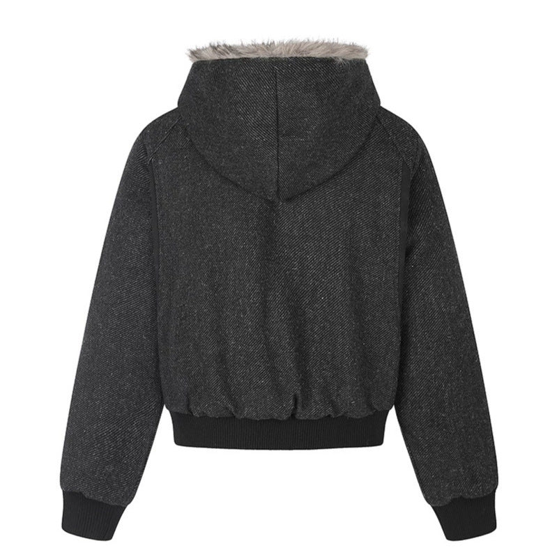 Women's hooded bomber jacket with faux fur lining, asymmetrical multi-button placket, and ribbed hem Chichicherry