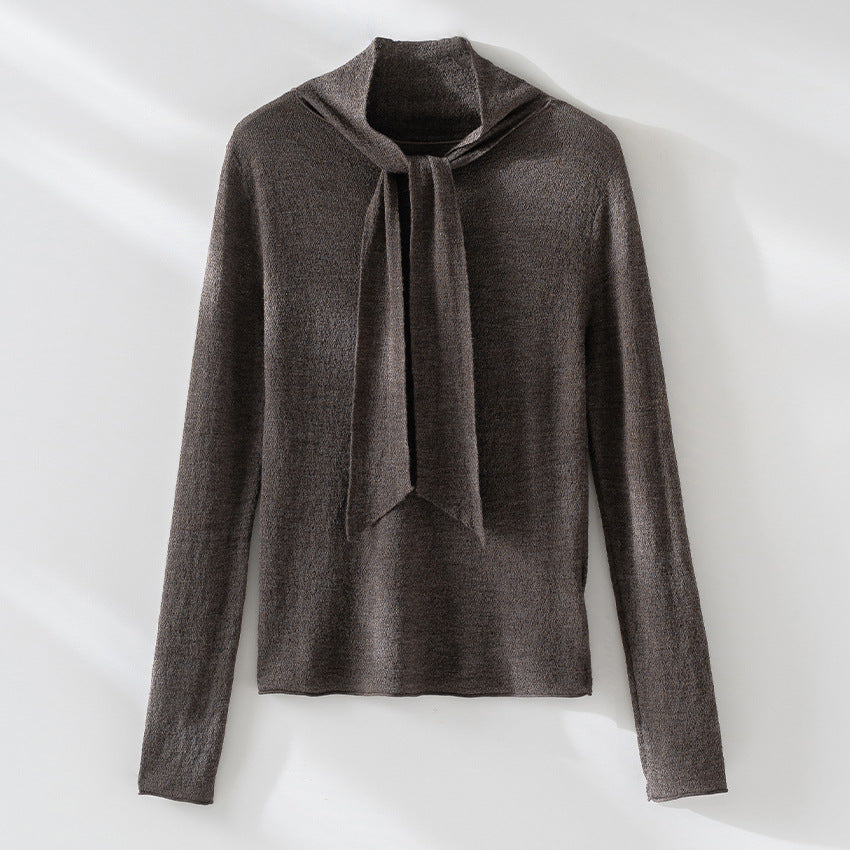 Women's fine knit pullover with asymmetrical tubular collar and draped scarf section Chichicherry
