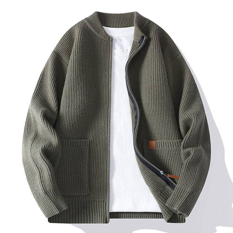 Men's Structured Knit Bomber Jacket with Full Zip and Patch Pockets Chichicherry