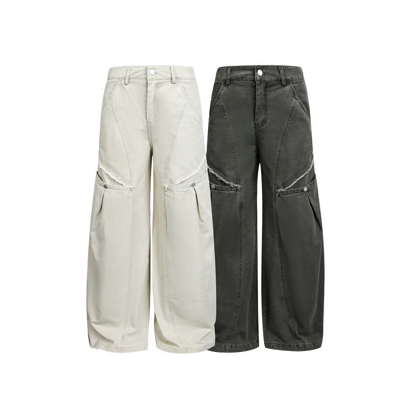 Women's Wide Balloon Cargo Pants with High Waist, Large Flap Pockets and Visible Stitching Details Chichicherry