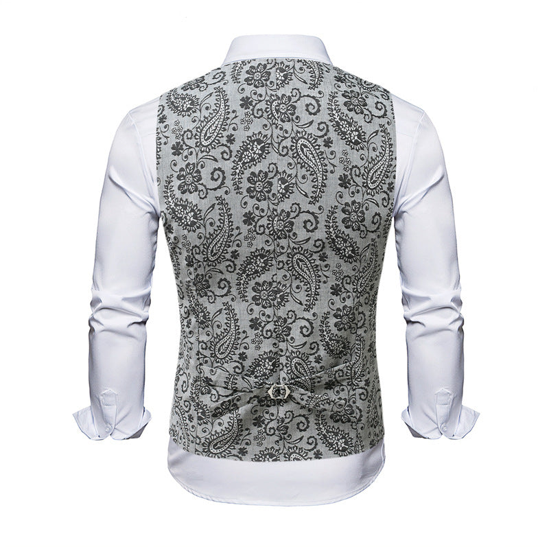 Men's Tailored Suit Vest with Paisley Jacquard and V Neck Chichicherry