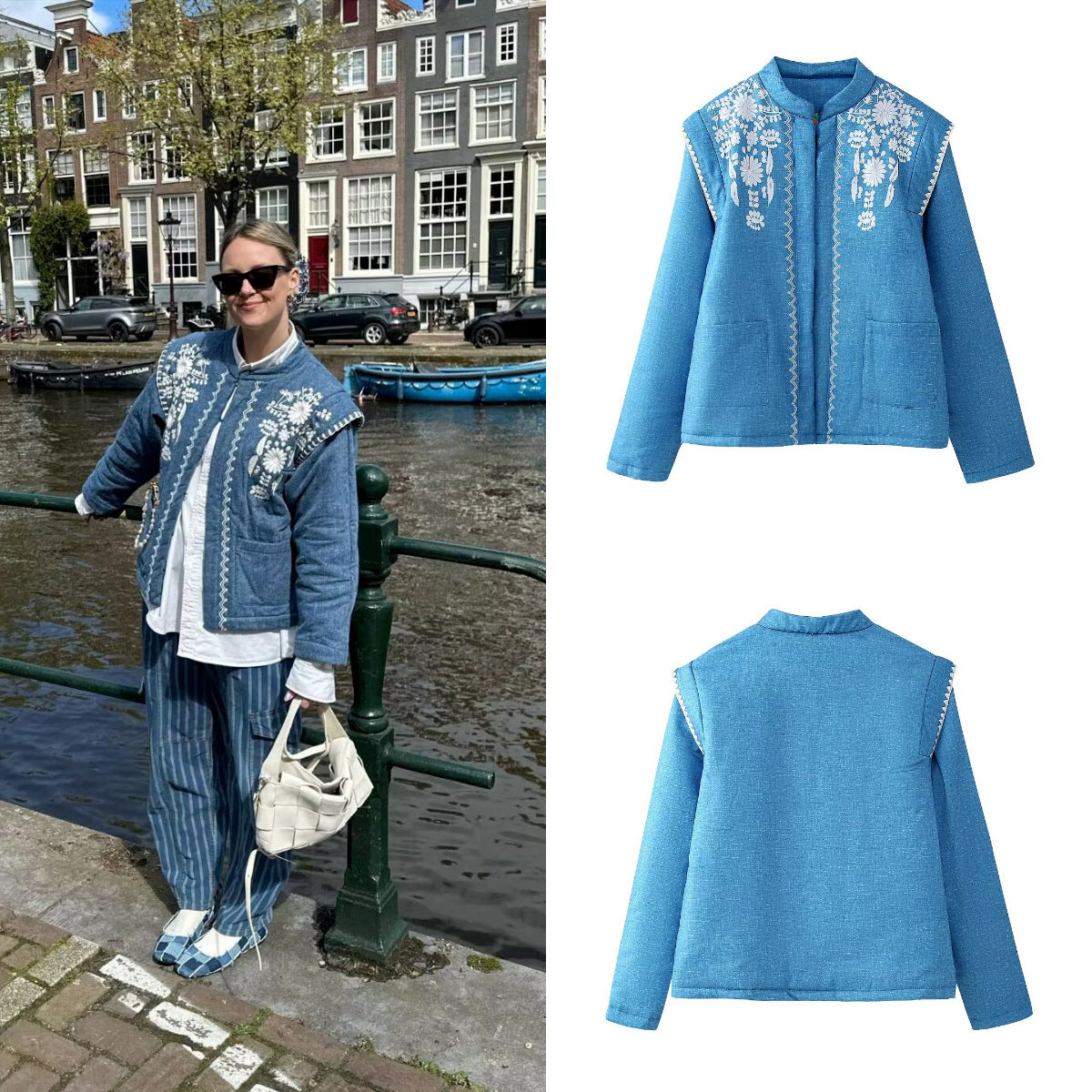 Women Quilted Linen Look Stand Collar Jacket with Folk Chest Embroidery & Patch Pockets Chichicherry