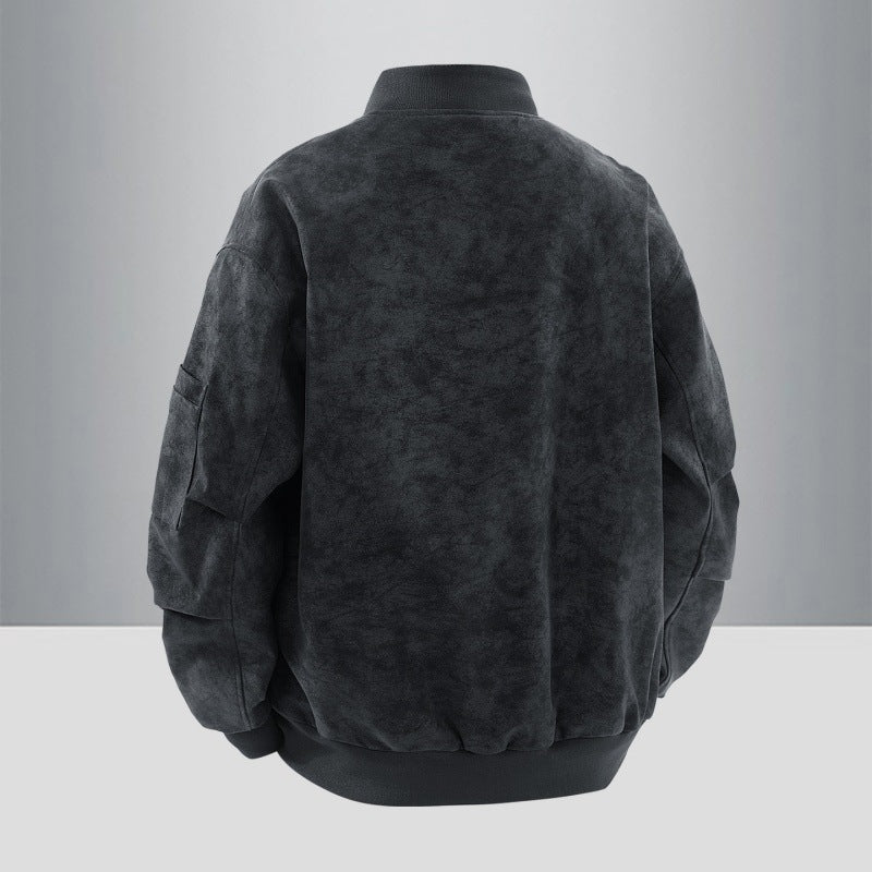 Men's Suede Look Bomber Jacket with Full Zip, Rib Collar and Utility Pockets Chichicherry