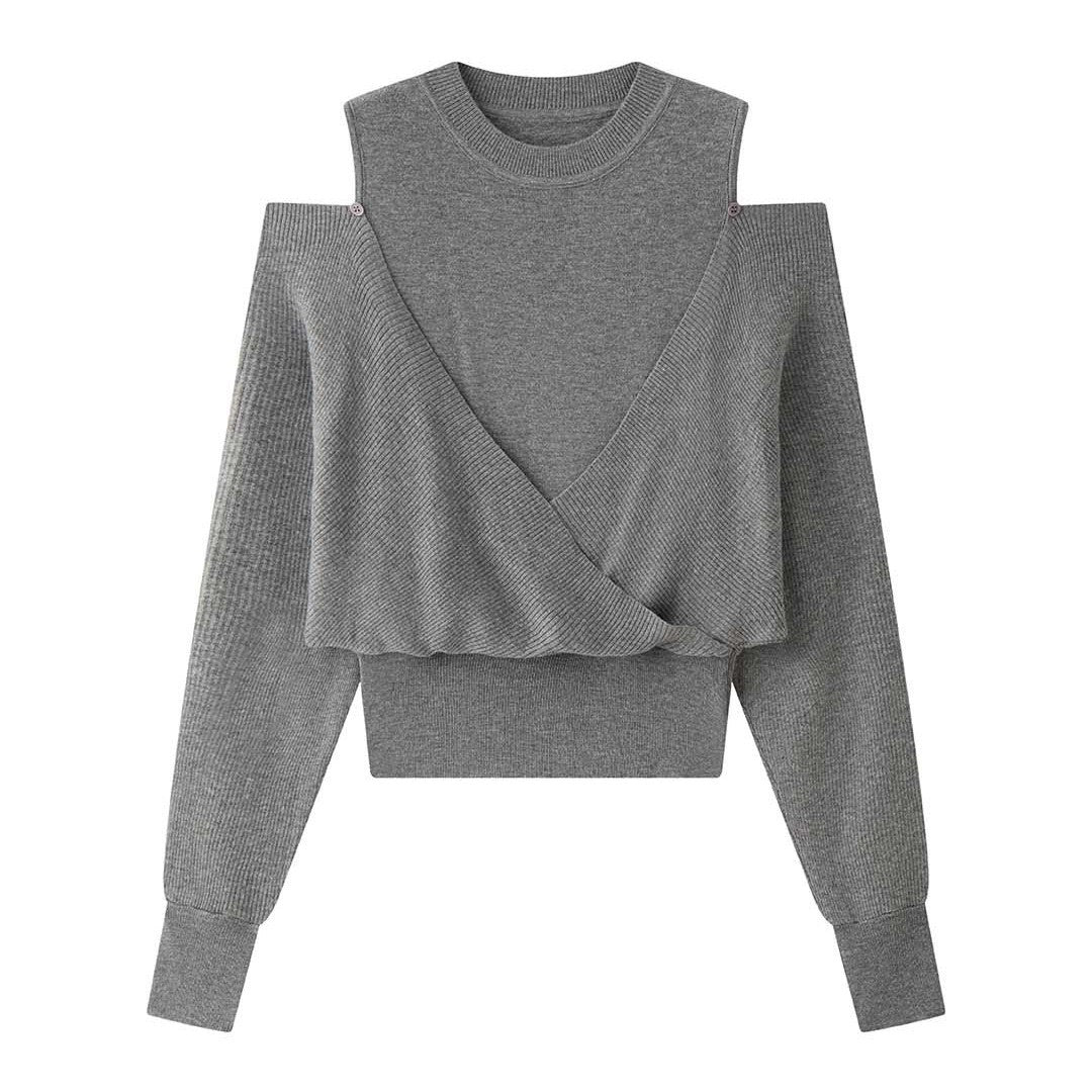 Women's Off-the-Shoulder Fine Knit Sweater with Asymmetrical Wrap Detail Chichicherry