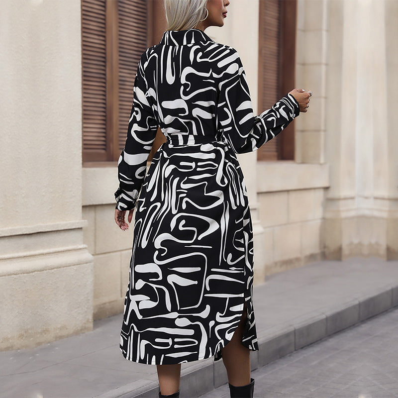 Women’s shirt blouse midi dress with abstract print, decorative button placket and tie belt Chichicherry