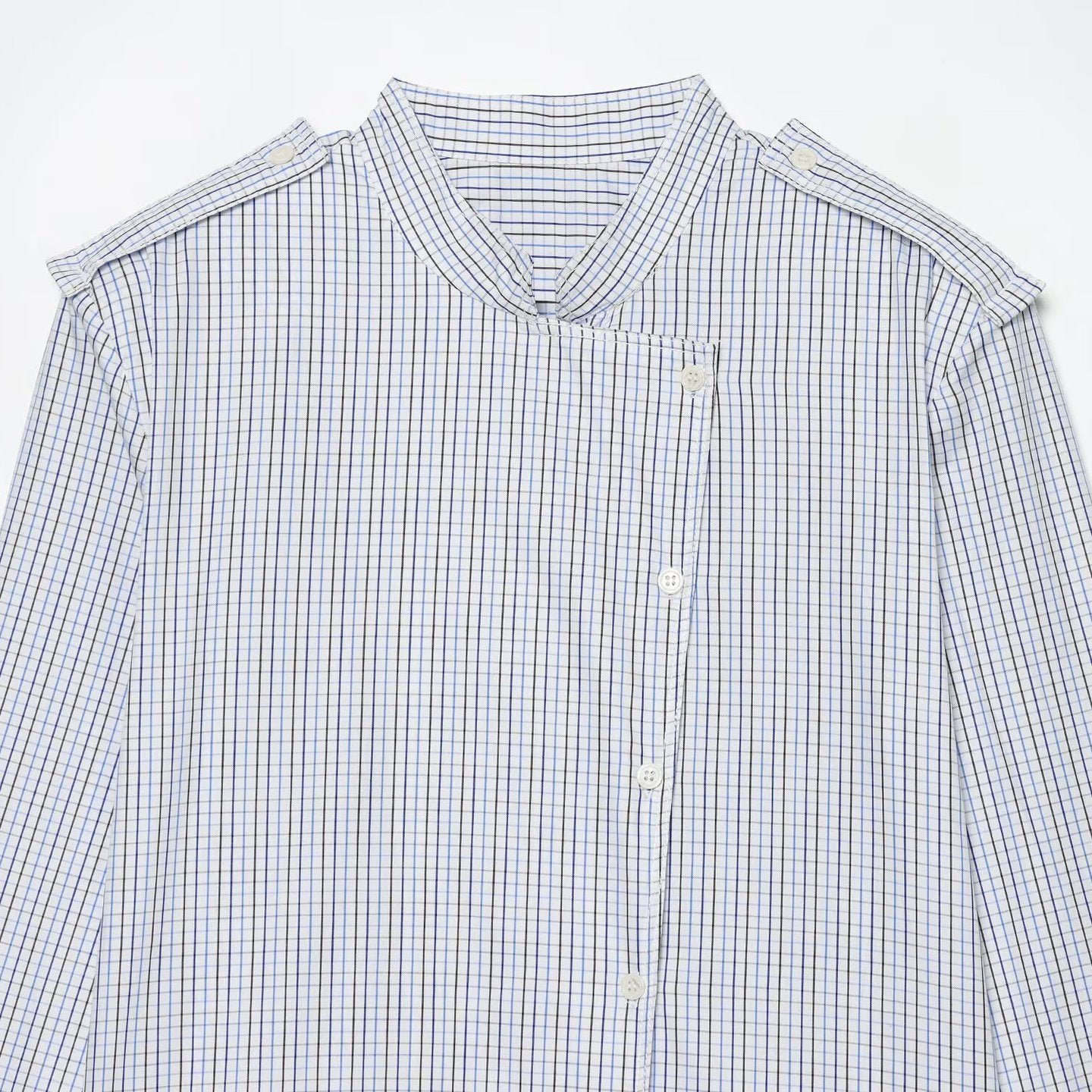 Women's Checkered Shirt with Stand Collar, Asymmetrical Button Placket and Shoulder Epaulettes Chichicherry