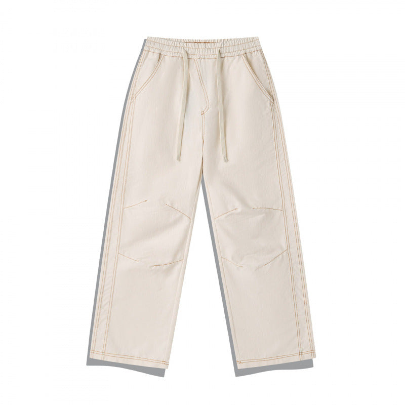 Unisex Wide Denim Pants with Elastic Waistband, Drawstring and Quilted Knee Patch Chichicherry